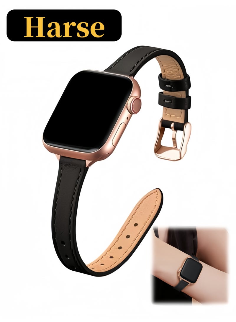 لغة أساور جلدية نحيفة متوافقة مع ساعة Apple بمقاسات 38 مم و40 مم و41 مم و42 مم (Series 11 / 10)، سوار ساعة رفيع من جلد طبيعي فاخر، متوافق مع iWatch SE و9 و8 و7 و6 و5 و4 و3 و2 و1 (أسود مع ذهبي وردي) - Image 1