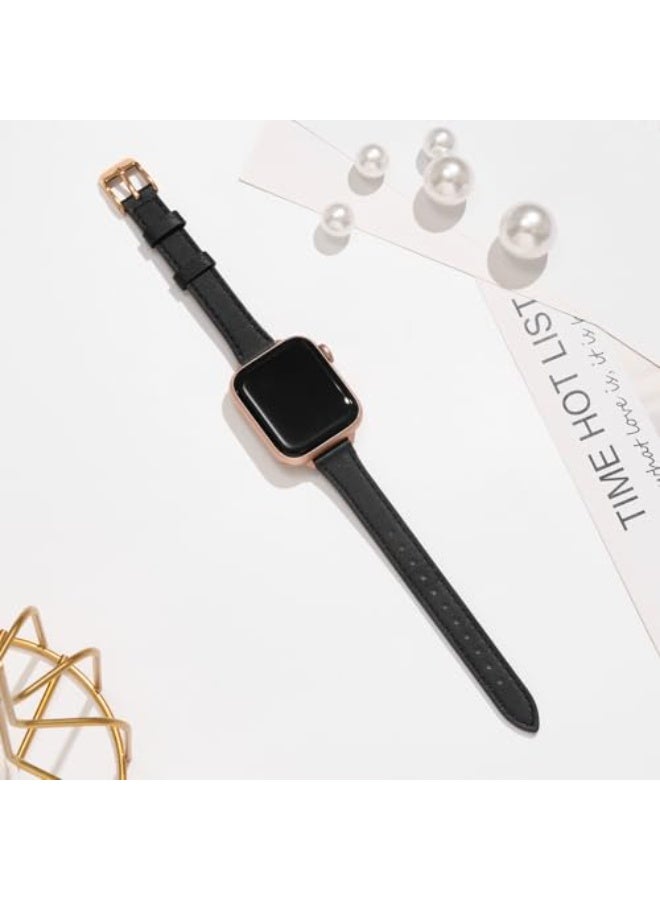 لغة أساور جلدية نحيفة متوافقة مع ساعة Apple بمقاسات 38 مم و40 مم و41 مم و42 مم (Series 11 / 10)، سوار ساعة رفيع من جلد طبيعي فاخر، متوافق مع iWatch SE و9 و8 و7 و6 و5 و4 و3 و2 و1 (أسود مع ذهبي وردي) - Image 2