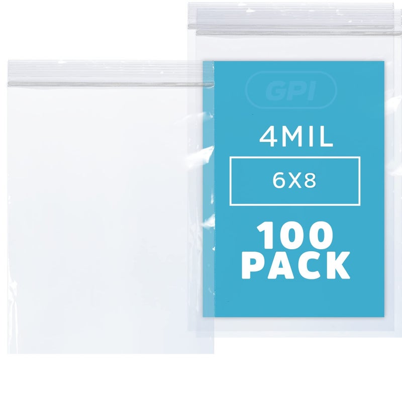 6" x 8" Heavy-Duty Zip Bags - 100 Count - Clear Plastic Reclosable Zipper Baggies, 4 Mil Thick Freezer Storage Poly Bags with Resealable Zip Top Lock for Packaging Food, Tools & Sharp Objects.