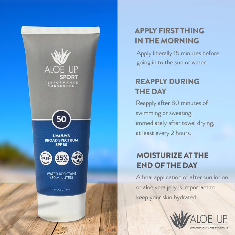 Aloe Up Sport Sunscreen Lotion SPF 50 - Broad Spectrum UVA/UVB Sunscreen Protector for Face and Body - With Hydrating Aloe Vera Gel - Non-Greasy - No White Cast - Reef Safe - Fragrance-Free - 6 Oz. - Image 5