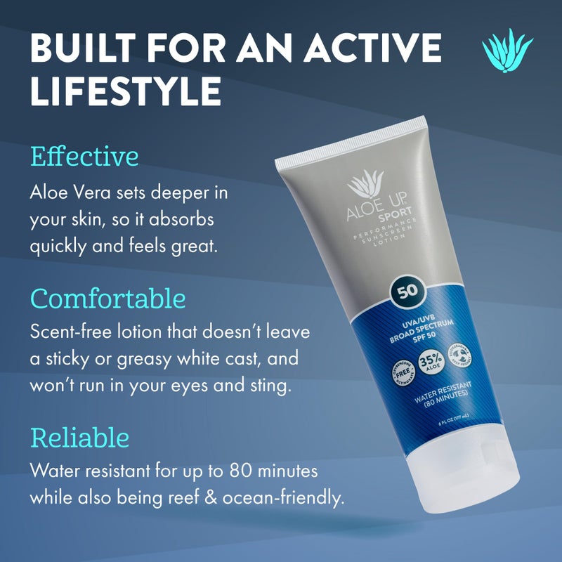 Aloe Up Sport Sunscreen Lotion SPF 50 - Broad Spectrum UVA/UVB Sunscreen Protector for Face and Body - With Hydrating Aloe Vera Gel - Non-Greasy - No White Cast - Reef Safe - Fragrance-Free - 6 Oz. - Image 2