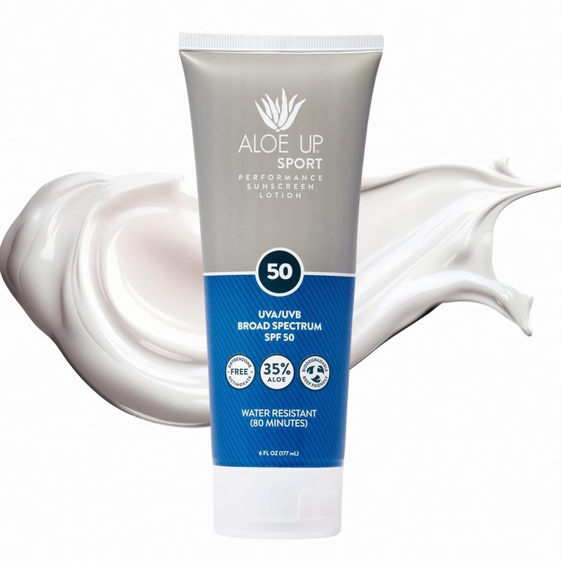 Aloe Up Sport Sunscreen Lotion SPF 50 - Broad Spectrum UVA/UVB Sunscreen Protector for Face and Body - With Hydrating Aloe Vera Gel - Non-Greasy - No White Cast - Reef Safe - Fragrance-Free - 6 Oz. - Image 1
