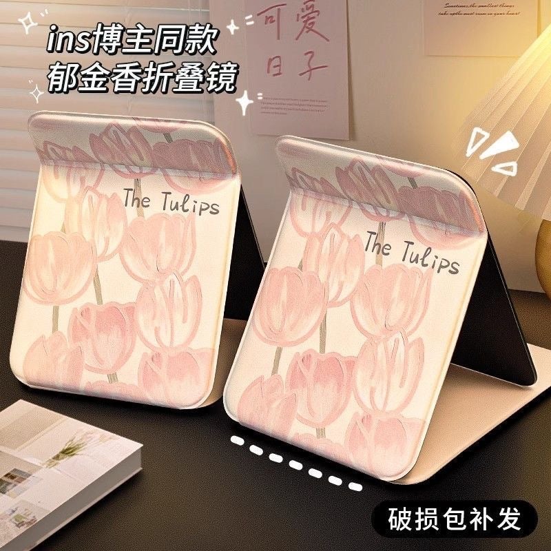 56458 People Added To Cart Tulip Folding Makeup Mirror Large And Small Dormitory Desktop Display Portable Mirror - Image 2