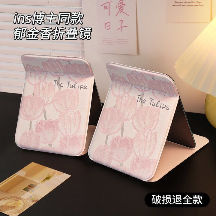 56458 People Added To Cart Tulip Folding Makeup Mirror Large And Small Dormitory Desktop Display Portable Mirror - Image 3