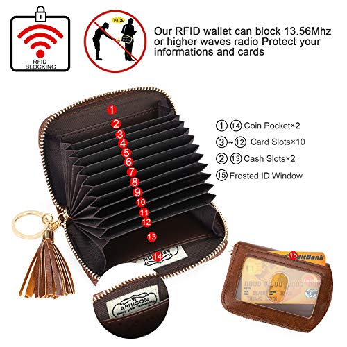 APHISON RFID Credit Card Holder Zipper Card Case Keychain Small Wallet for Women 1927 COFFEE - Image 3
