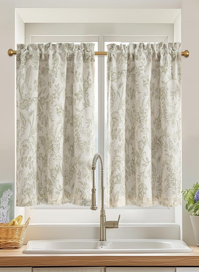 Lazzzy Green Floral Kitchen Curtains 36 Inch Length Linen Farmhouse Cafe Tier Set - Small Rustic Country Room Darkening Lined Rod Pocket, Set of 2, Sage Green on Beige - Image 1
