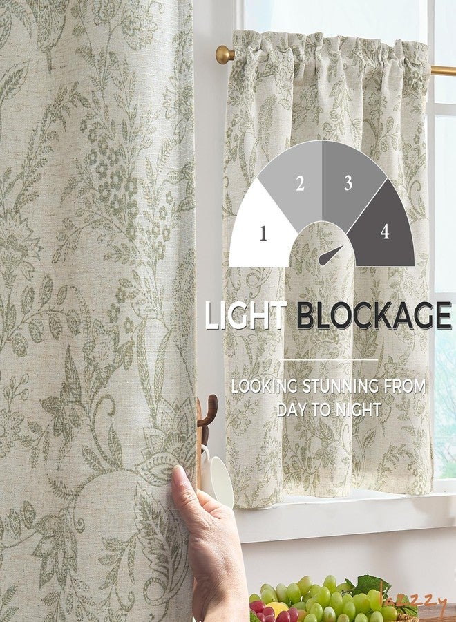 Lazzzy Green Floral Kitchen Curtains 36 Inch Length Linen Farmhouse Cafe Tier Set - Small Rustic Country Room Darkening Lined Rod Pocket, Set of 2, Sage Green on Beige - Image 3