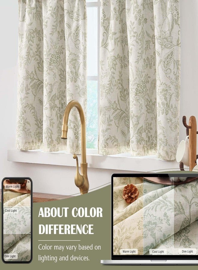 Lazzzy Green Floral Kitchen Curtains 36 Inch Length Linen Farmhouse Cafe Tier Set - Small Rustic Country Room Darkening Lined Rod Pocket, Set of 2, Sage Green on Beige - Image 5
