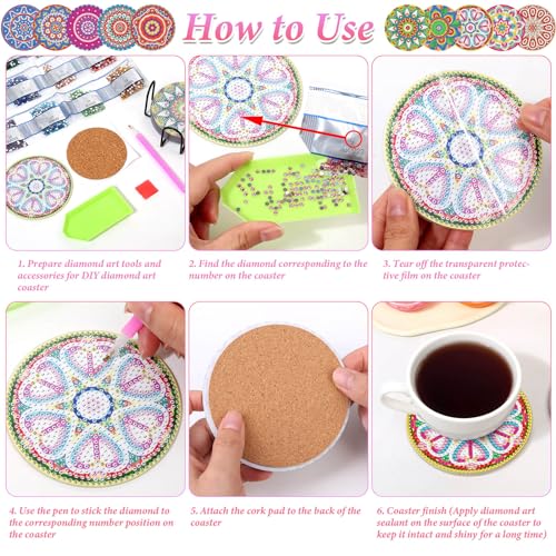 Billbotk Diamond Painting Coasters Kit, 10 Pieces Mandala Diamond Art Coasters with Holder, DIY Diamond Arts and Crafts for Adults - Image 5