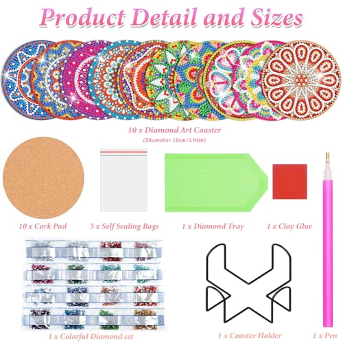 Billbotk Diamond Painting Coasters Kit, 10 Pieces Mandala Diamond Art Coasters with Holder, DIY Diamond Arts and Crafts for Adults - Image 3
