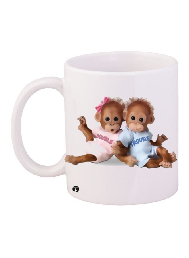 RYN Monkey Printed Ceramic Coffee Mug White/Blue/Pink 11ounce