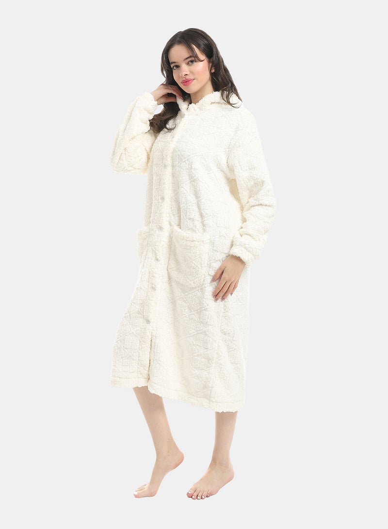 Andora White Hooded Textured Velvet Sleepshirt_White - Image 2