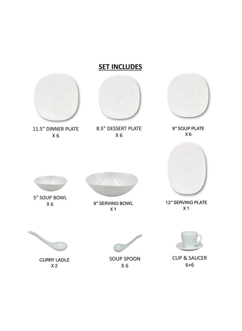 Houzi Houzi 46 Pcs Opal ware Dinner set 6 x dinner set 6 x dessert plate 6 x bowls 6 x soup plate 6 x cup 6 x saucer 2 x serving bowl 2 x serving plate 6 x soup spoon 2 x ladle  - Image 2