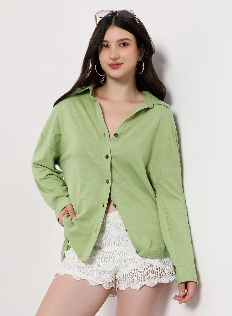 Women's Grass Green Solid-Knit Oversized Shirt | نساء | أكمام طويلة | سادة | طوق منتشر | كاجوال كبير الحجم | قميص