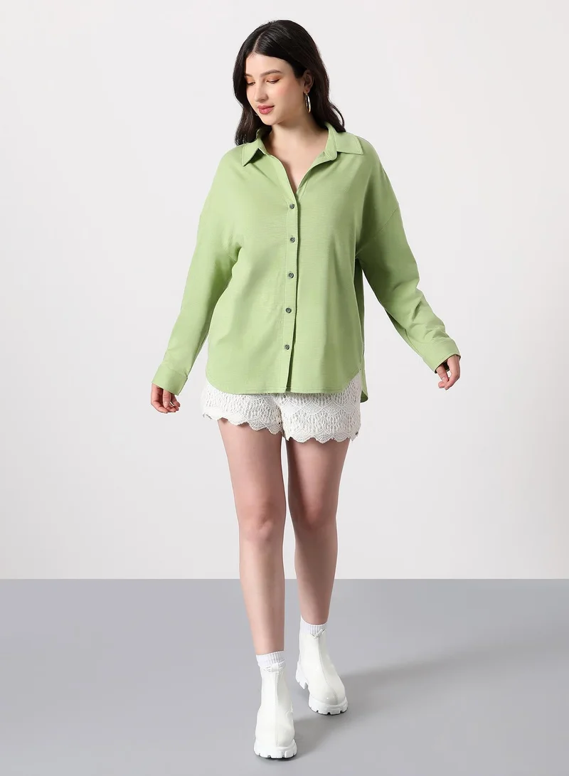 Pinacolada  Women's Grass Green Solid-Knit Oversized Shirt | نساء | أكمام طويلة | سادة | طوق منتشر | كاجوال كبير الحجم | قميص for Women | Best Price UAE