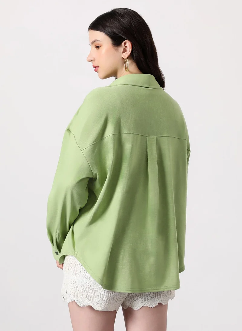 Pinacolada  Women's Grass Green Solid-Knit Oversized Shirt | نساء | أكمام طويلة | سادة | طوق منتشر | كاجوال كبير الحجم | قميص for Women | Best Price UAE
