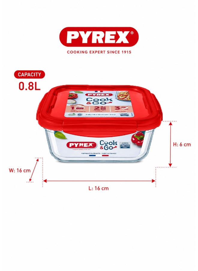 Pyrex Cook&Go 0.8L Square Glass Food Storage Container with Airtight Red Lid, Borosilicate Glass Meal Prep Dish, Freezer to Oven Safe, Stackable Storage Solution - Image 2