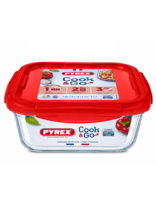 Pyrex Cook&Go 0.8L Square Glass Food Storage Container with Airtight Red Lid, Borosilicate Glass Meal Prep Dish, Freezer to Oven Safe, Stackable Storage Solution - Image 1