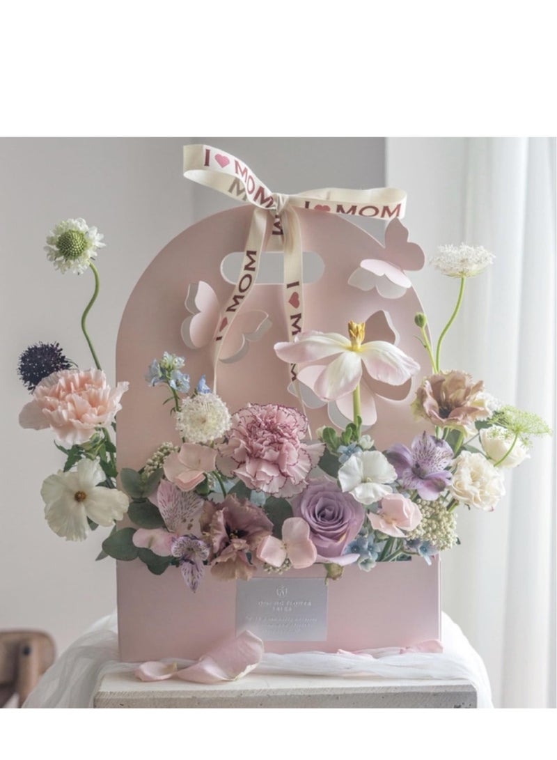 Excefore Kraft Flower Gift Bags, 10Pcs 3D Butterfly Rectangle Waterproof Bouquet Box with Handles Hollow Out Pink Gift Packaging Tote for Mother Day Graduation Wedding Birthday Party Gift - Image 5