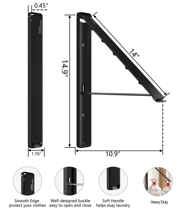 Dr.DJ Clothes Drying Rack Wall Mounted, Retractable & Foldable Clothes Hanger for Laundry Room Organization and Storage, Clothes Hanger Rack for Dorm, Closet, Balcony, Laundry Room(1P, Metal, Black) - Image 4