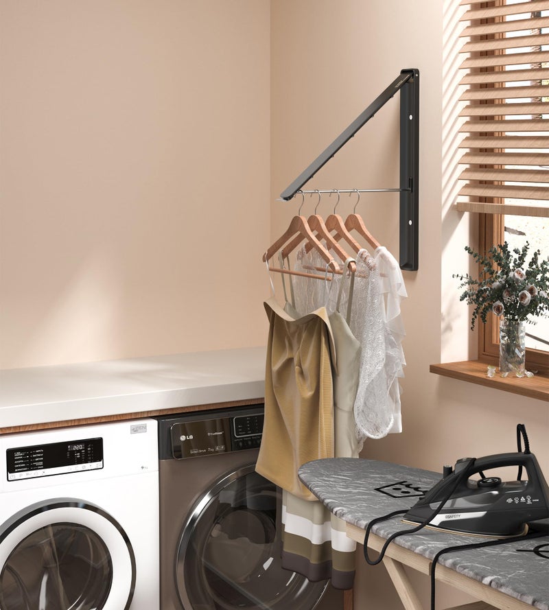 Dr.DJ Clothes Drying Rack Wall Mounted, Retractable & Foldable Clothes Hanger for Laundry Room Organization and Storage, Clothes Hanger Rack for Dorm, Closet, Balcony, Laundry Room(1P, Metal, Black) - Image 3