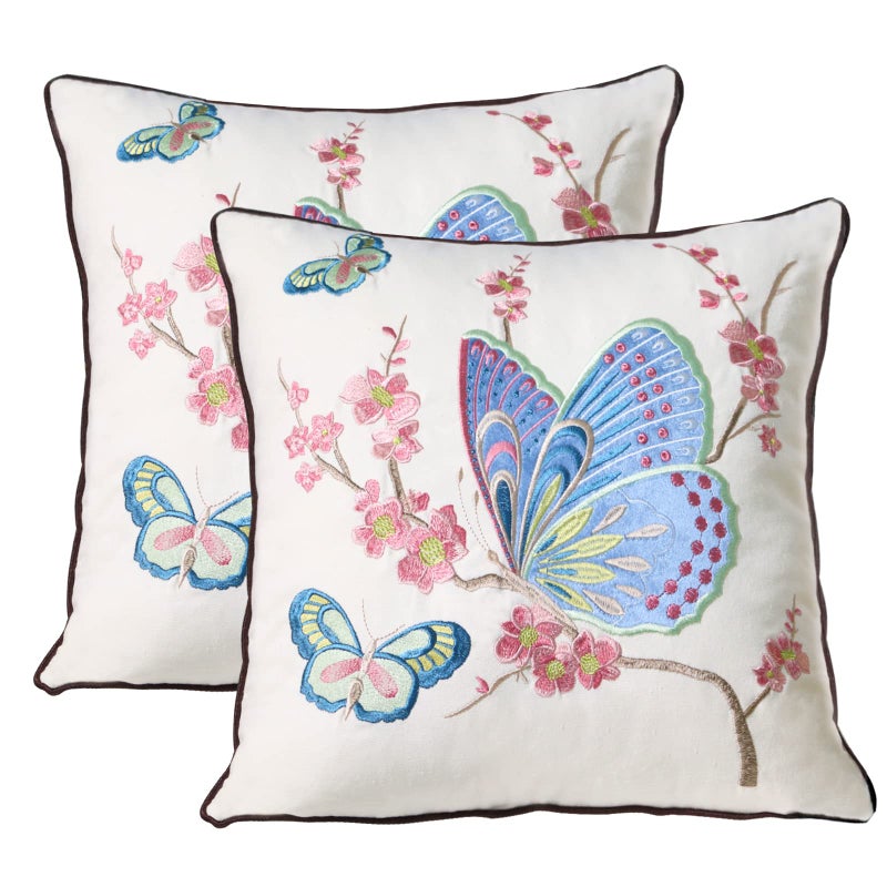 Pilmandu Set of 2 Embroidered Decorative Throw Pillow Covers Couch Square Pillowcases Cushion for Bedroom Sofa Farmhouse Decor 18x18 Inch Blue Butterfly