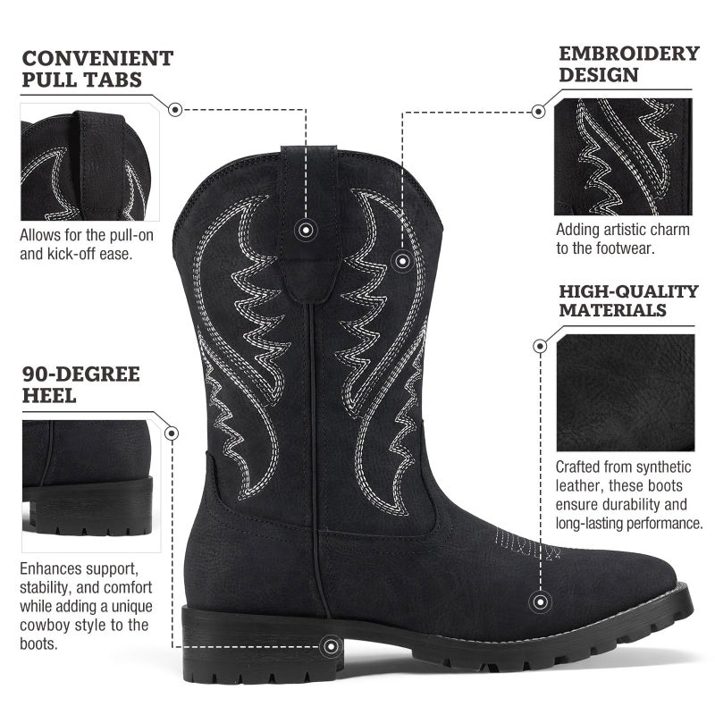 Rollda Men's Cowboy Boots Black Western Boots for Men Square Toe Chunky Heel Mid-Calf Boots Classic Embroidered Pull On Boots Size 10 - Image 3