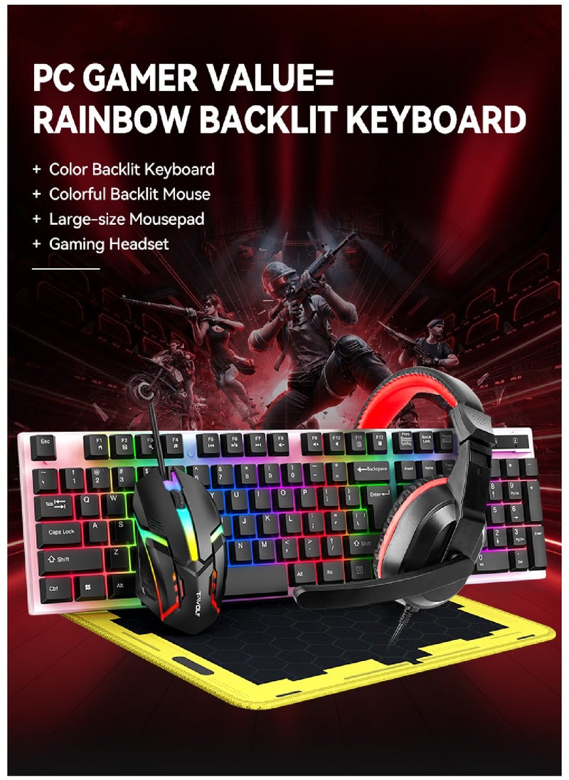 T-WOLF - 4 in1 Gaming Keyboard Whit Mouse pad Mouse Gaming Headset Wired Led Rgb Backlight Bundle For Pc Gamers and Xbox and PS4 TF240 - Image 1
