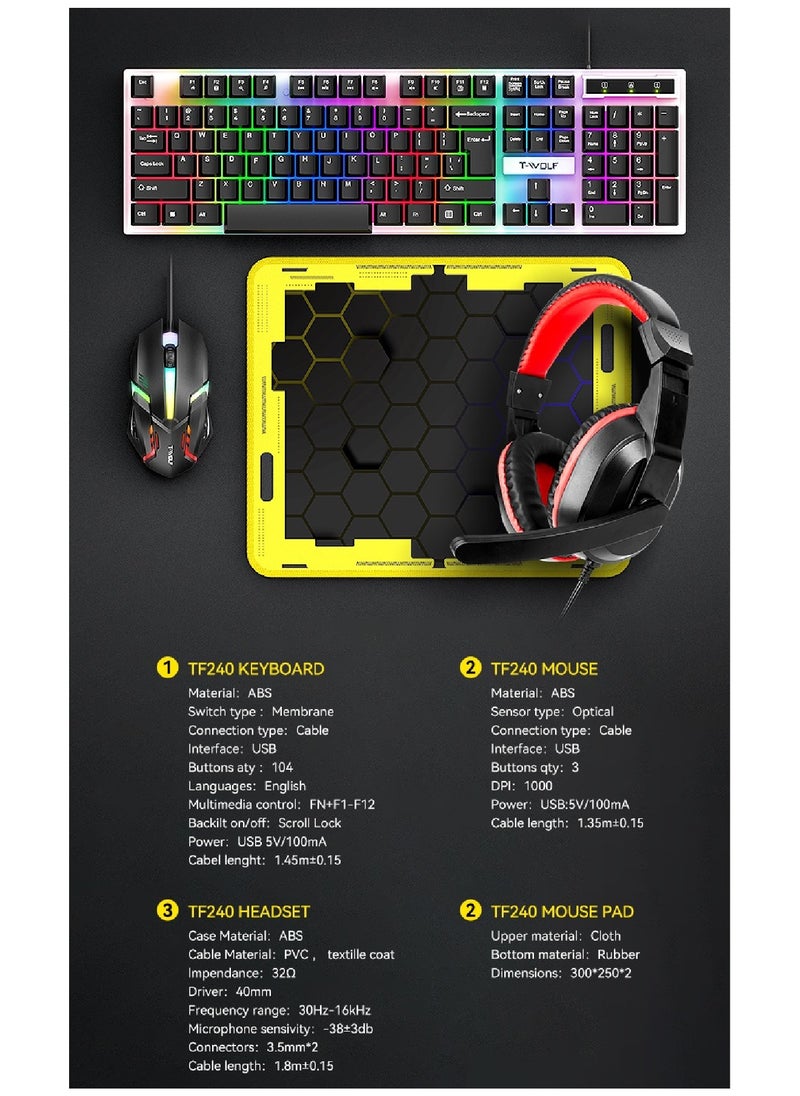 T-WOLF - 4 in1 Gaming Keyboard Whit Mouse pad Mouse Gaming Headset Wired Led Rgb Backlight Bundle For Pc Gamers and Xbox and PS4 TF240 - Image 1