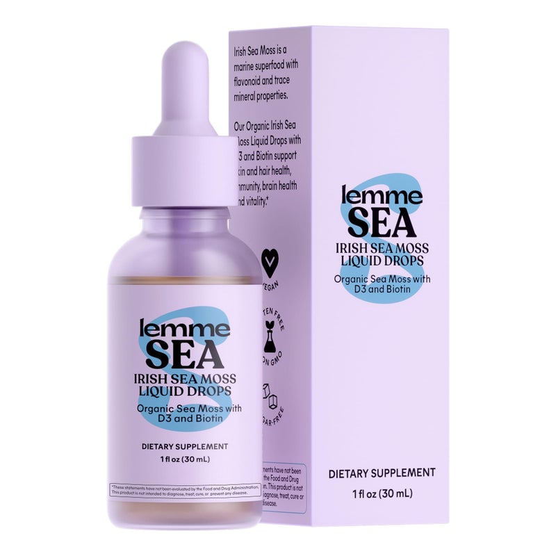 Lemme Irish Sea Moss Organic Liquid Drops with Vitamin D3 and Biotin for Trace Mineral Support Immunity Hair Skin Nails Brain Health Gluten Sugar Free Non GMO 1 oz 30 Servings