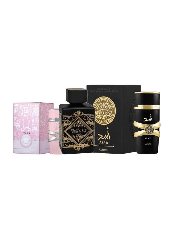 Lattafa Asad For Men Eau De Parfum 100ml, Yara EDP 100ml, and Badee Al Oud 100ml  - Image 1