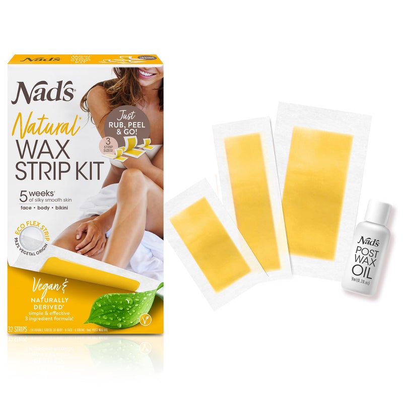 Nads Wax Strips Kit Natural All Skin Types Wax Hair Removal For Women 6 Face Wax Strips  20 Body Wax Strips  6 Bikini Wax Strips  Post Wax Oil