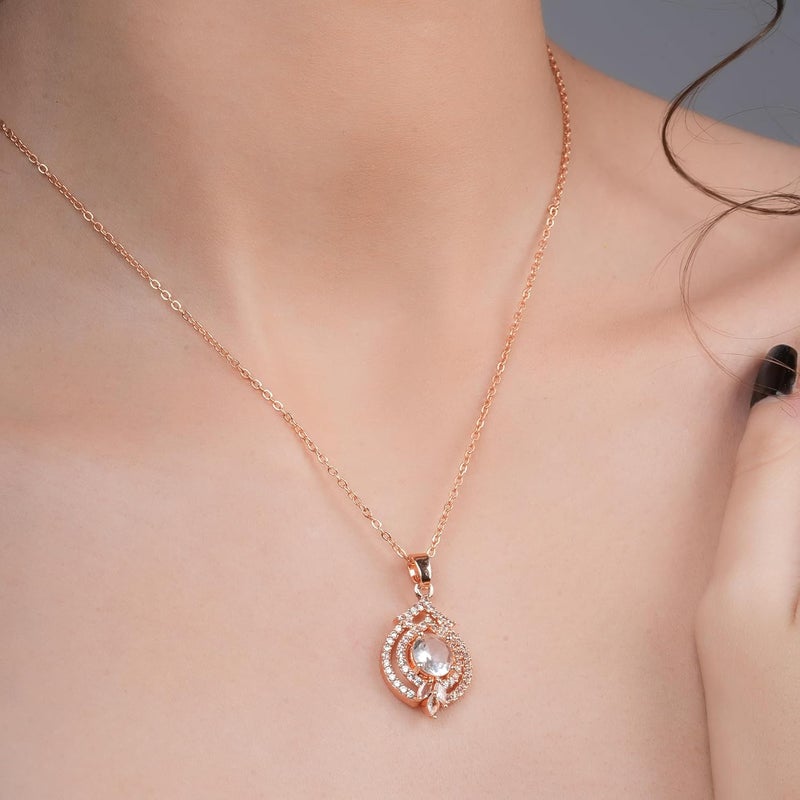 STYOLLO RoseGold Pendant Necklace American Diamond Jewellery Set For Women & Girls with Round Crystal Cubic Zirconias | Stylish Charm Pendants For Girls Gift, Valentine, Birthday-Pack of 1 - Image 3