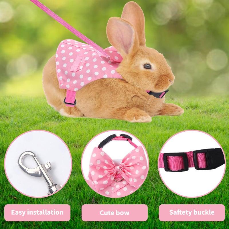 Habbiful Rabbit Harness and Leash Set for Outdoor Training Camping Walking Escape Proof Pink Wave Point Breathable Bunny Clothes Bunny Outfits for Rabbits Small Pet Supplies, M - Image 4