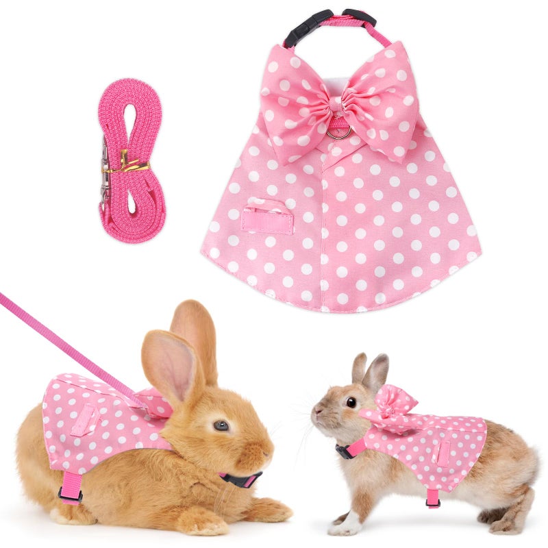 Habbiful Rabbit Harness and Leash Set for Outdoor Training Camping Walking Escape Proof Pink Wave Point Breathable Bunny Clothes Bunny Outfits for Rabbits Small Pet Supplies, M - Image 1