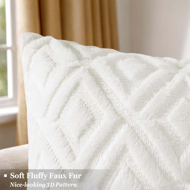 Pallene Fall Cream White Throw Pillow Covers 18x18 Set of 2, Soft Plush Faux Fur Decorative Couch Pillow Covers for Sofa Bed Living Room Pillow Cases with 3D Diamond Pattern - Image 2