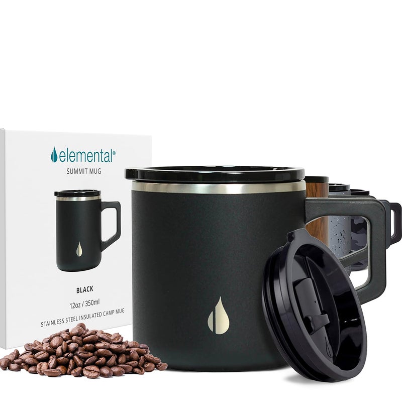 Elemental Insulated Coffee Mug - Triple-Wall Stainless Steel Summit Travel Cup for Hot and Cold Drinks - Thermal Coffee Mug with Lid and Handle for Camping  Office & Travel 12oz - Black - Image 1