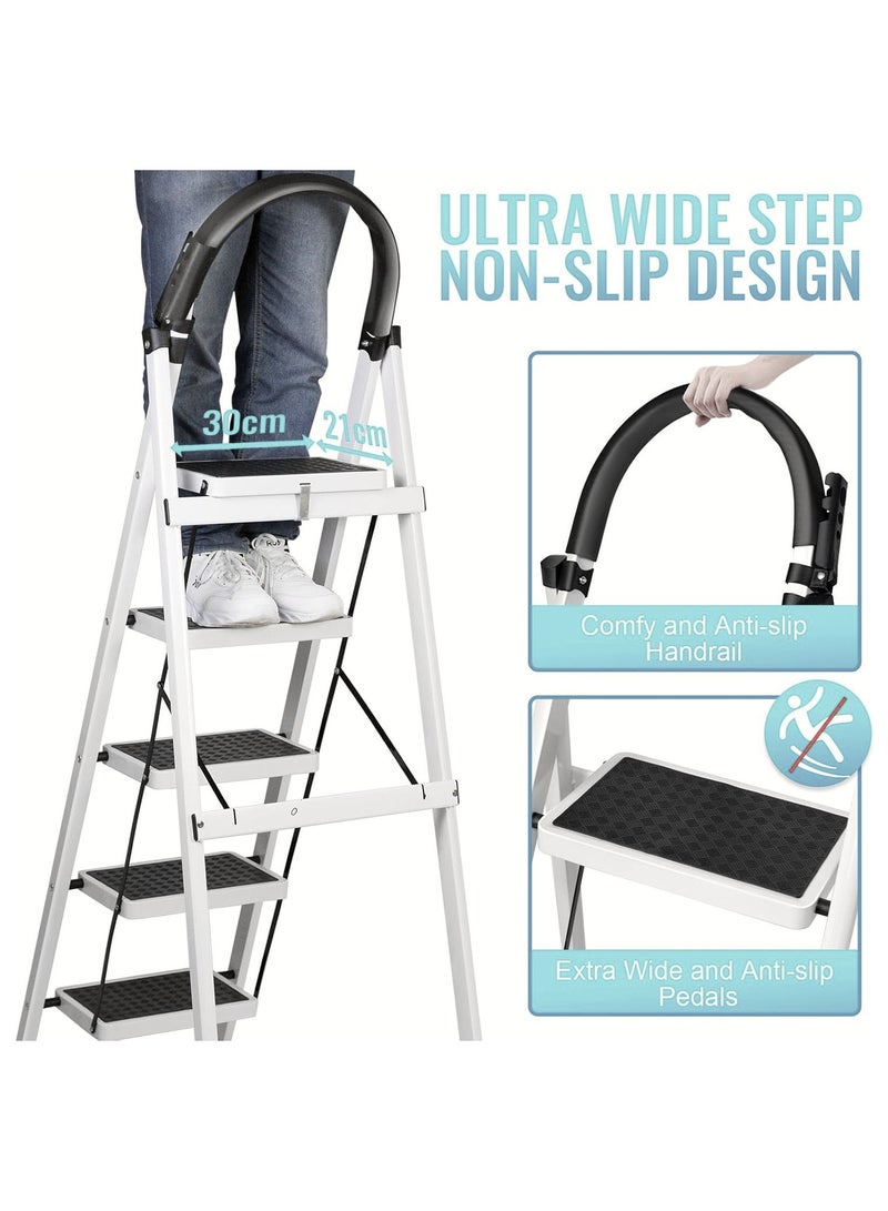AL QADAH Foldable Metal Climbing Platform 5 Step White 165x46cm Anti Slip Wide Steps Safety Lock Tool Holder Lightweight Utility Step Tool for Home Kitchen Garage Use  - Image 3