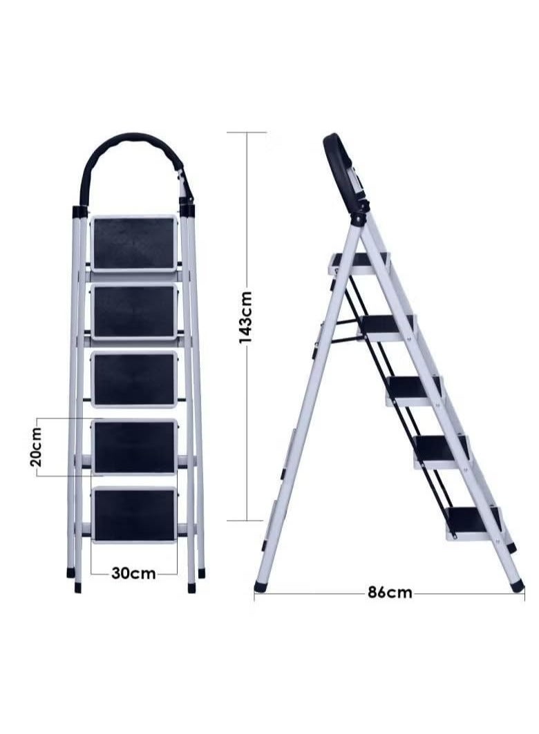 AL QADAH Foldable Metal Climbing Platform 5 Step White 165x46cm Anti Slip Wide Steps Safety Lock Tool Holder Lightweight Utility Step Tool for Home Kitchen Garage Use  - Image 5