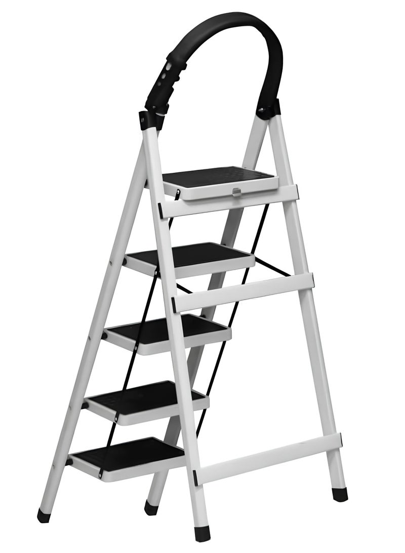 AL QADAH Foldable Metal Climbing Platform 5 Step White 165x46cm Anti Slip Wide Steps Safety Lock Tool Holder Lightweight Utility Step Tool for Home Kitchen Garage Use  - Image 2