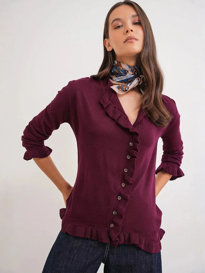 MixRay MIXRAY Frilly Ribbed Knit Cardigan