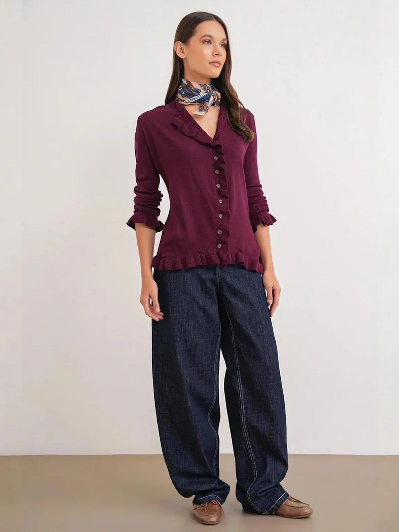 MixRay MIXRAY Frilly Ribbed Knit Cardigan