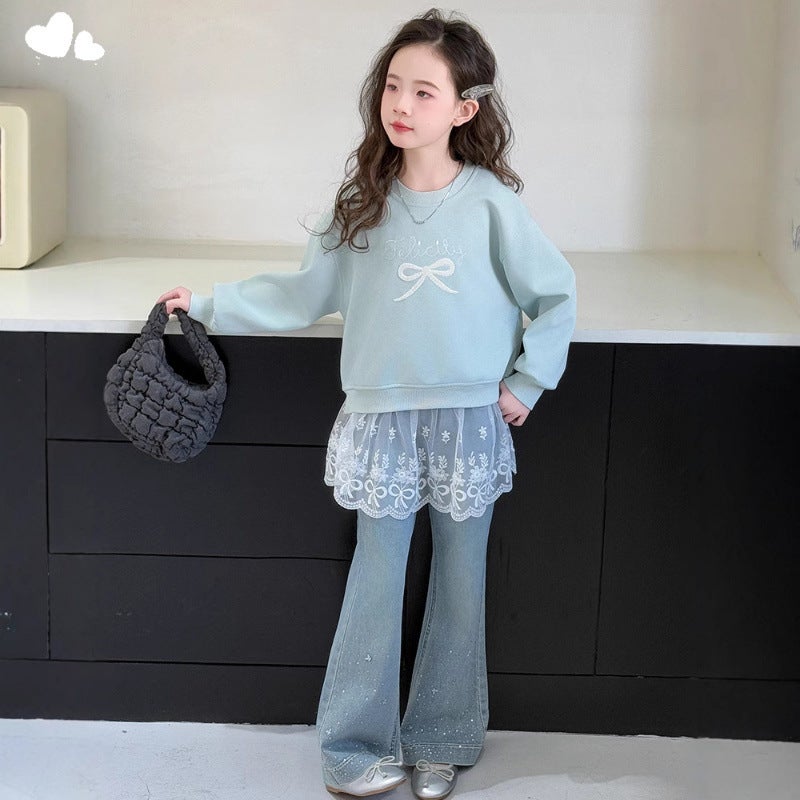 Heart Little Darling Girl Bow Mesh Vests 2025 Spring New Drilling Flared Pants Suit Big Children Korea - Image 3