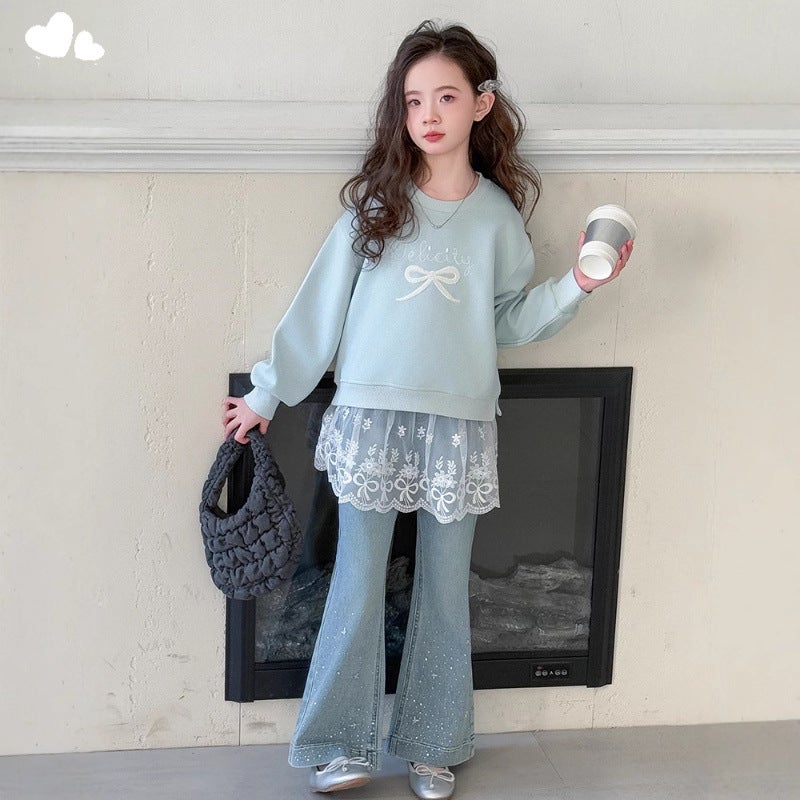 Heart Little Darling Girl Bow Mesh Vests 2025 Spring New Drilling Flared Pants Suit Big Children Korea - Image 4
