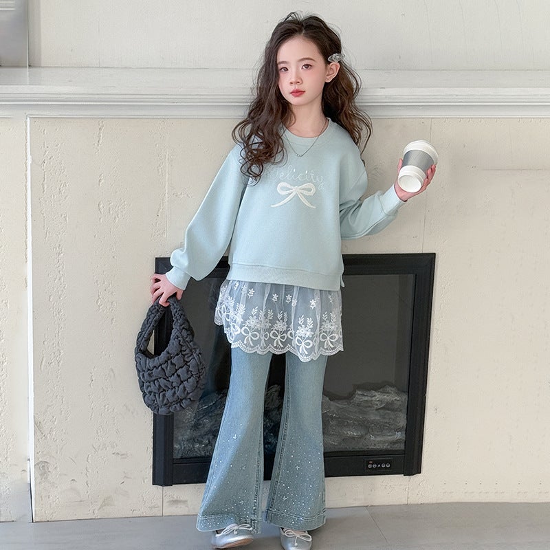 Heart Little Darling Girl Bow Mesh Vests 2025 Spring New Drilling Flared Pants Suit Big Children Korea - Image 1