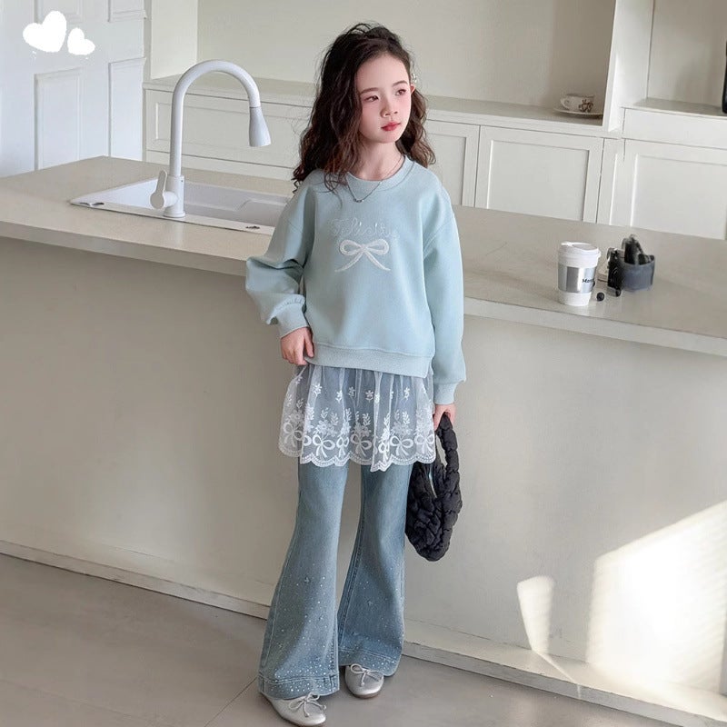 Heart Little Darling Girl Bow Mesh Vests 2025 Spring New Drilling Flared Pants Suit Big Children Korea - Image 5