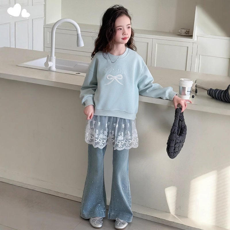 Heart Little Darling Girl Bow Mesh Vests 2025 Spring New Drilling Flared Pants Suit Big Children Korea - Image 2