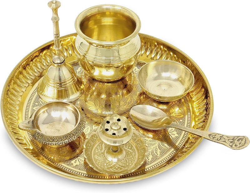 Nobility Brass Pooja Thali Set with Blue Gift Box 6 Inch Pital Plate Kalash Spoon Chandan Wati Dhup Dan Kuber Diya Ghanti Puja Arti Thali for Diwali Home Office Mandir Wedding Return Gifts - Image 4