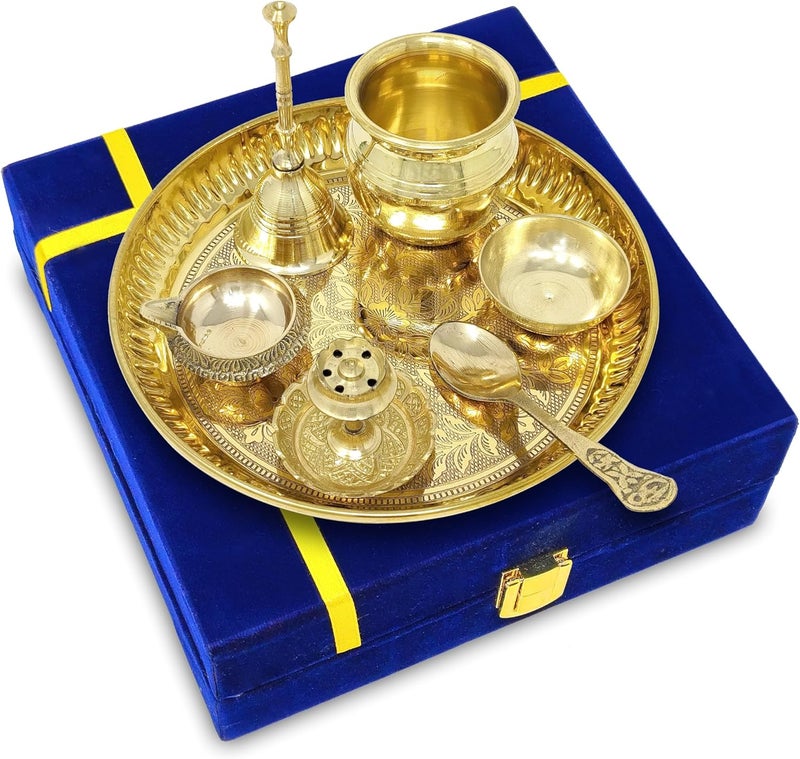 Nobility Brass Pooja Thali Set with Blue Gift Box 6 Inch Pital Plate Kalash Spoon Chandan Wati Dhup Dan Kuber Diya Ghanti Puja Arti Thali for Diwali Home Office Mandir Wedding Return Gifts - Image 5