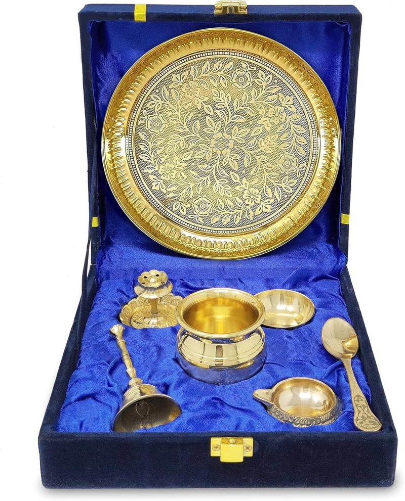 Nobility Brass Pooja Thali Set with Blue Gift Box 6 Inch Pital Plate Kalash Spoon Chandan Wati Dhup Dan Kuber Diya Ghanti Puja Arti Thali for Diwali Home Office Mandir Wedding Return Gifts - Image 1